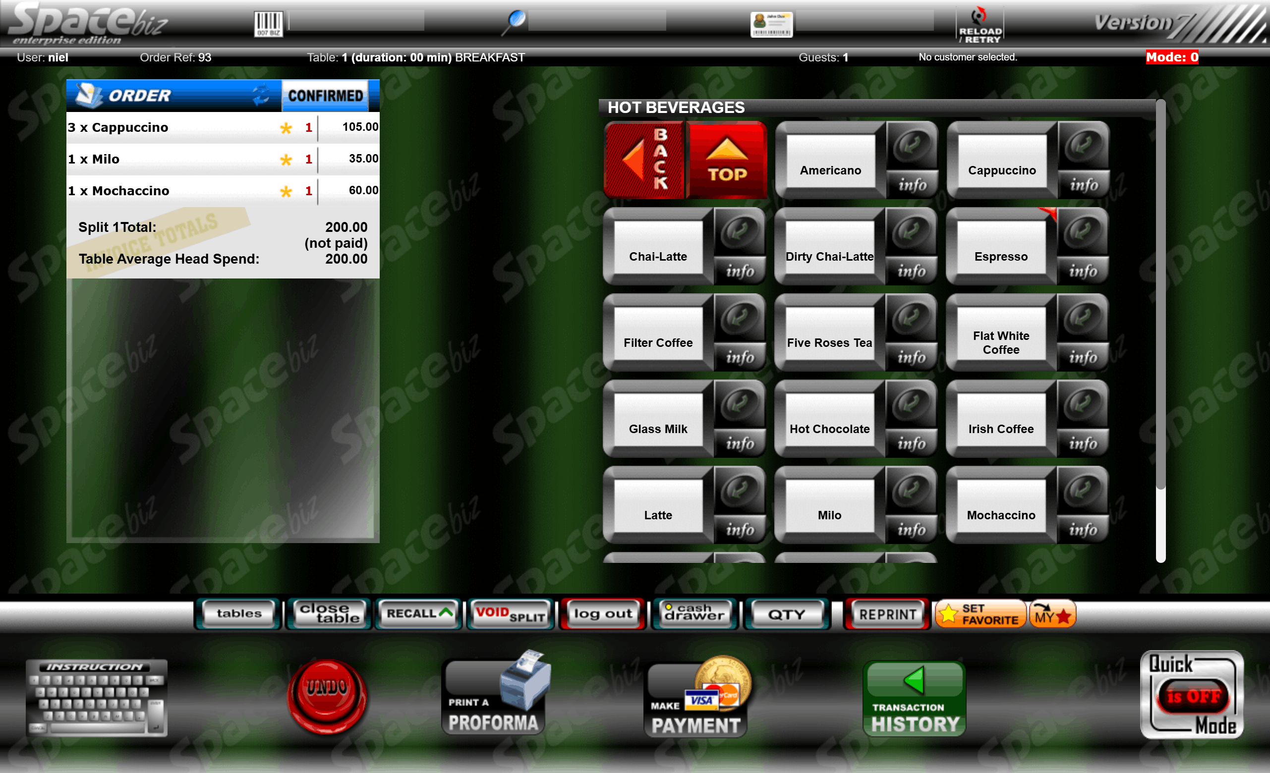 SpaceBiz POS — Hot Beverages PLU
